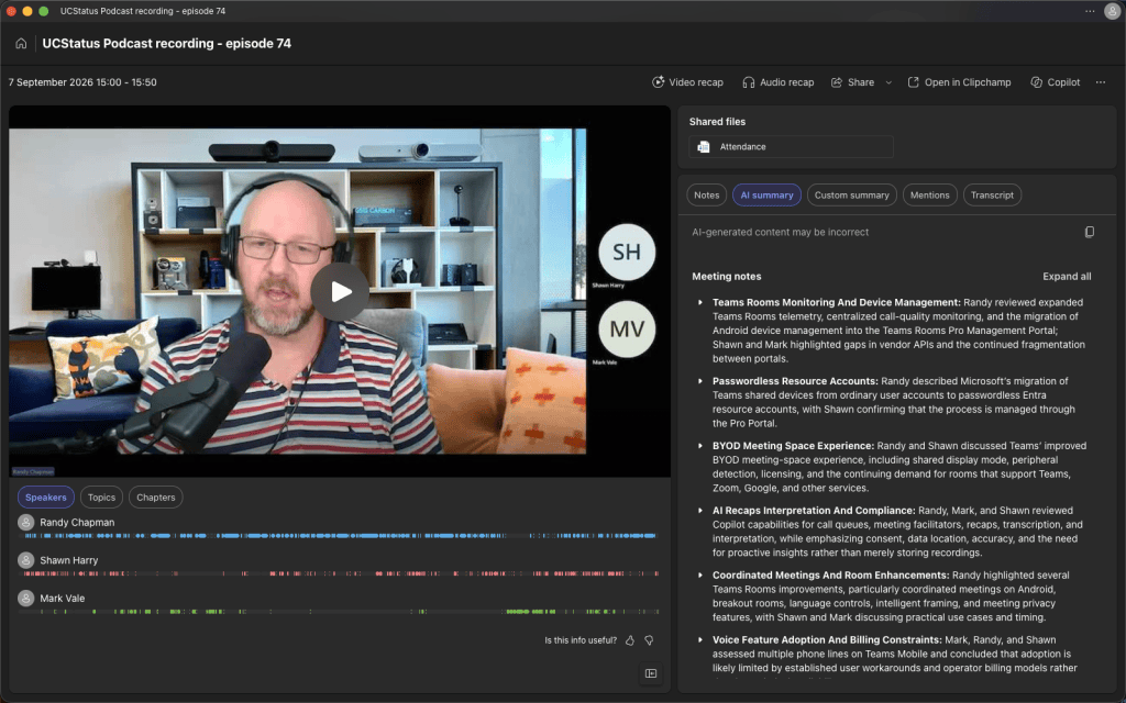 Podcast recording interface displaying Randy Chapman speaking, with hosts Shawn Harry and Mark Vale visible in video thumbnails. The screen shows meeting notes and options for audio and video recap.