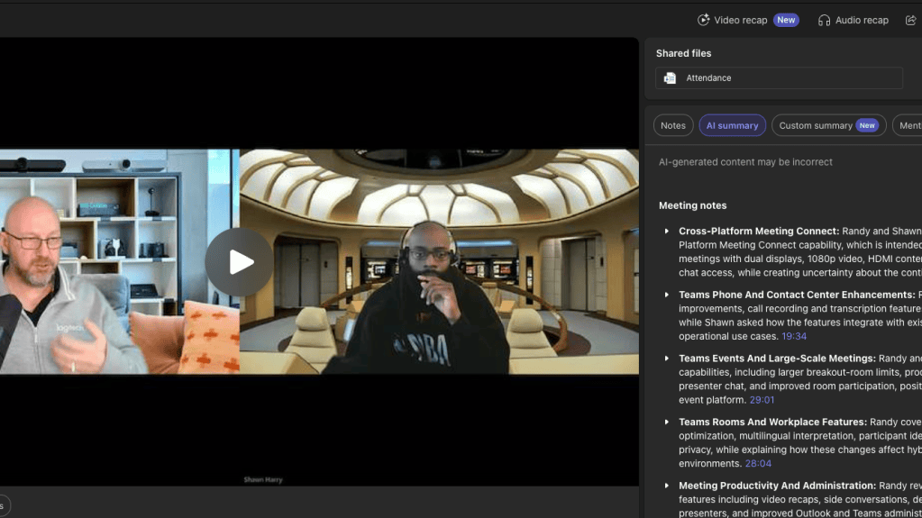 A virtual meeting featuring two presenters discussing technology and collaboration tools. One presenter is on the left with a bookshelf background, while the other is on the right with a futuristic setting.